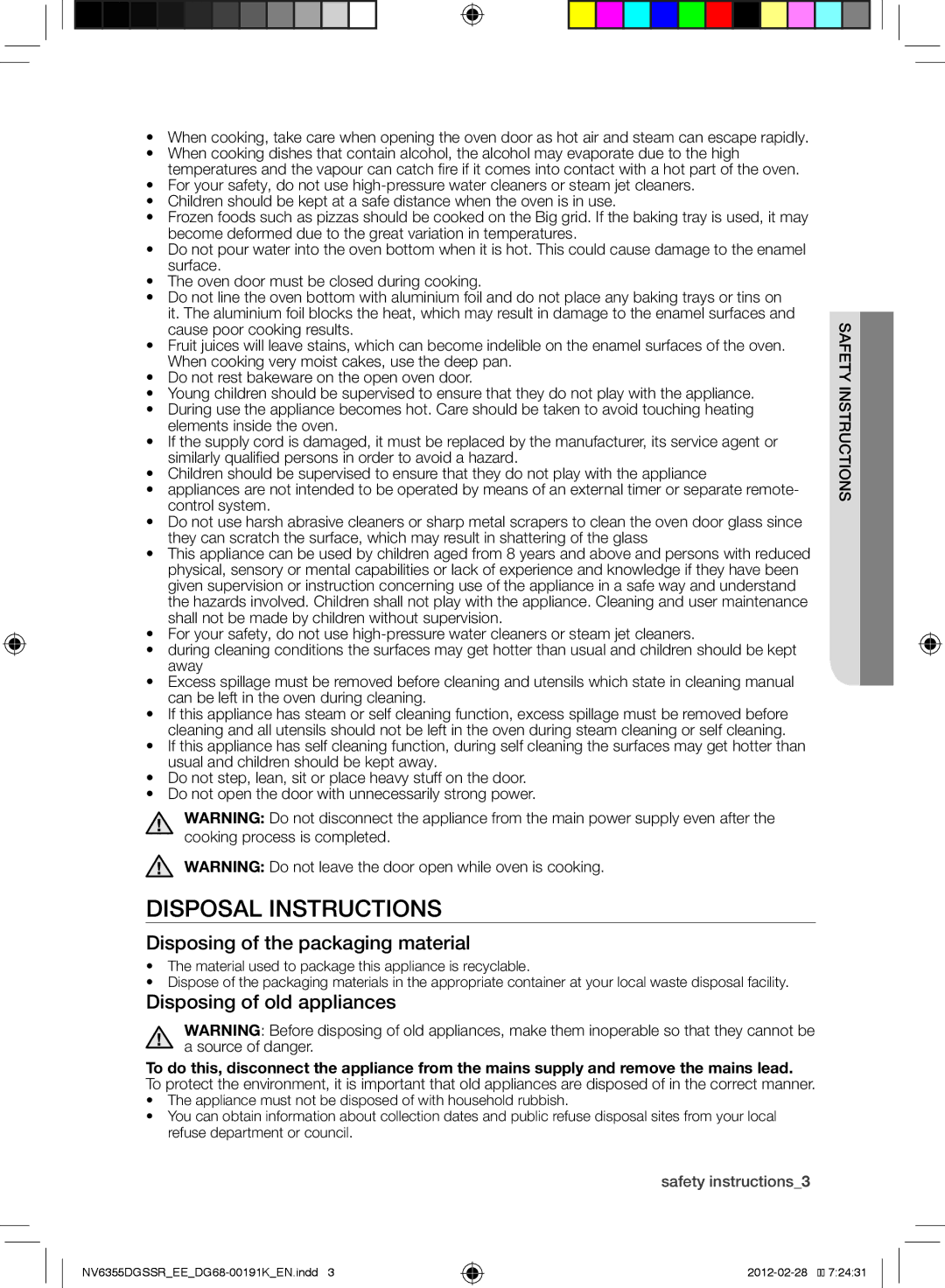 Samsung NV6355DGSSR/EE manual Disposal Instructions, Disposing of the packaging material, Disposing of old appliances 