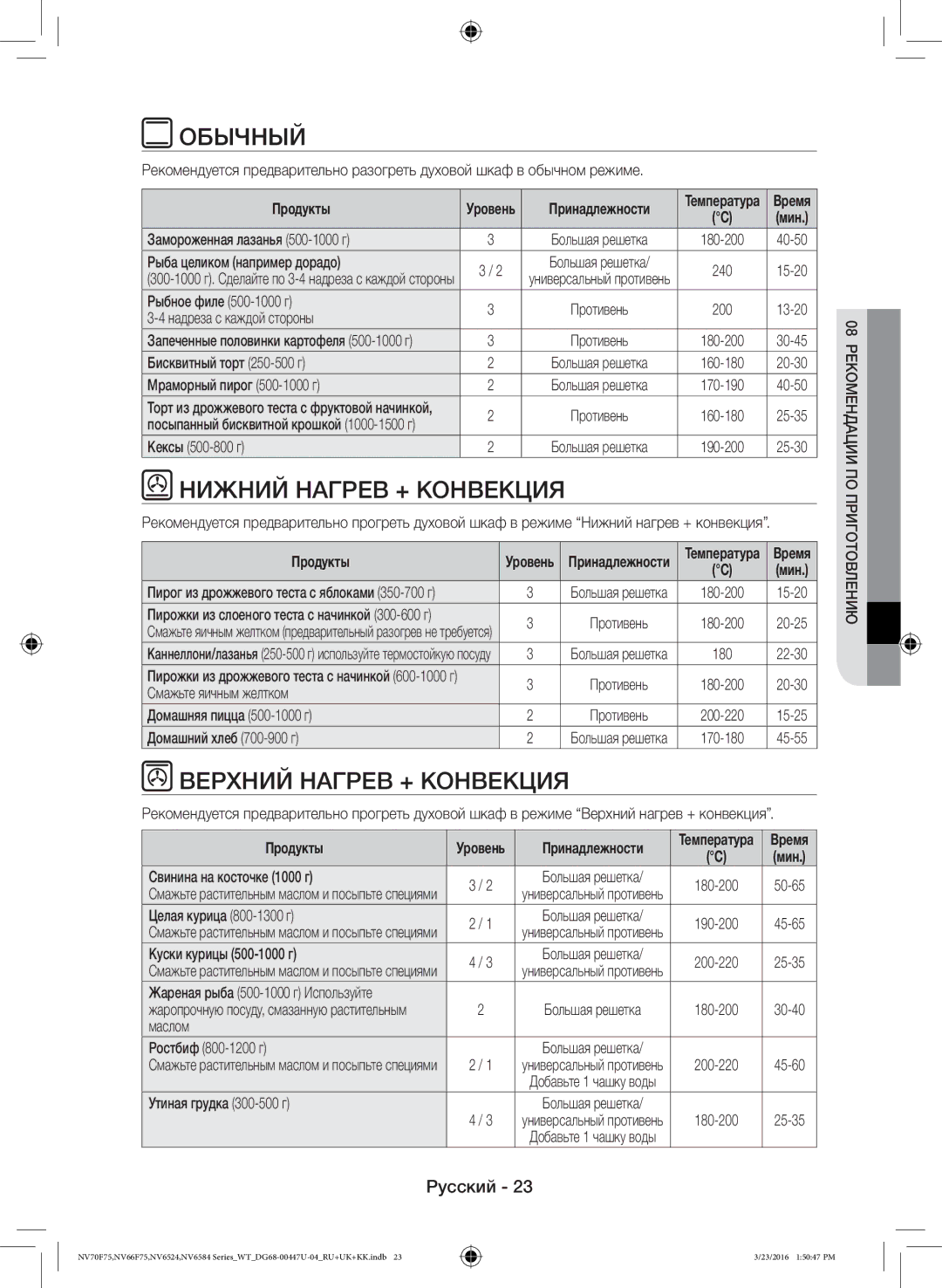 Samsung NV6584BNESR/WT, NV6584LNESR/WT manual Обычный, Нижний Нагрев + Конвекция, Верхний Нагрев + Конвекция 