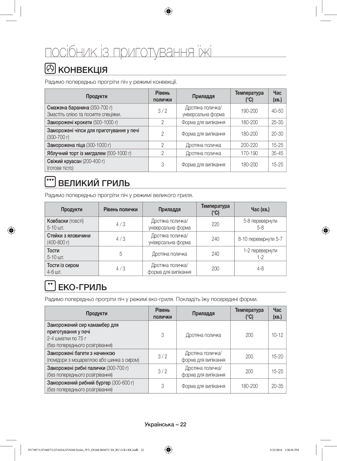 Samsung NV6584LNESR/WT, NV6584BNESR/WT manual Посібник із приготування їжі, Конвекція, Великий Гриль, Еко-Гриль 