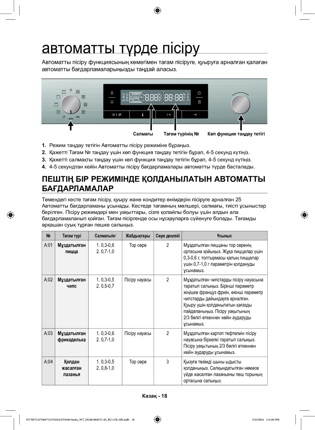 Samsung NV6584LNESR/WT, NV6584BNESR/WT Автоматты түрде пісіру, Пештің БІР Режимінде Қолданылатын Автоматты Бағдарламалар 