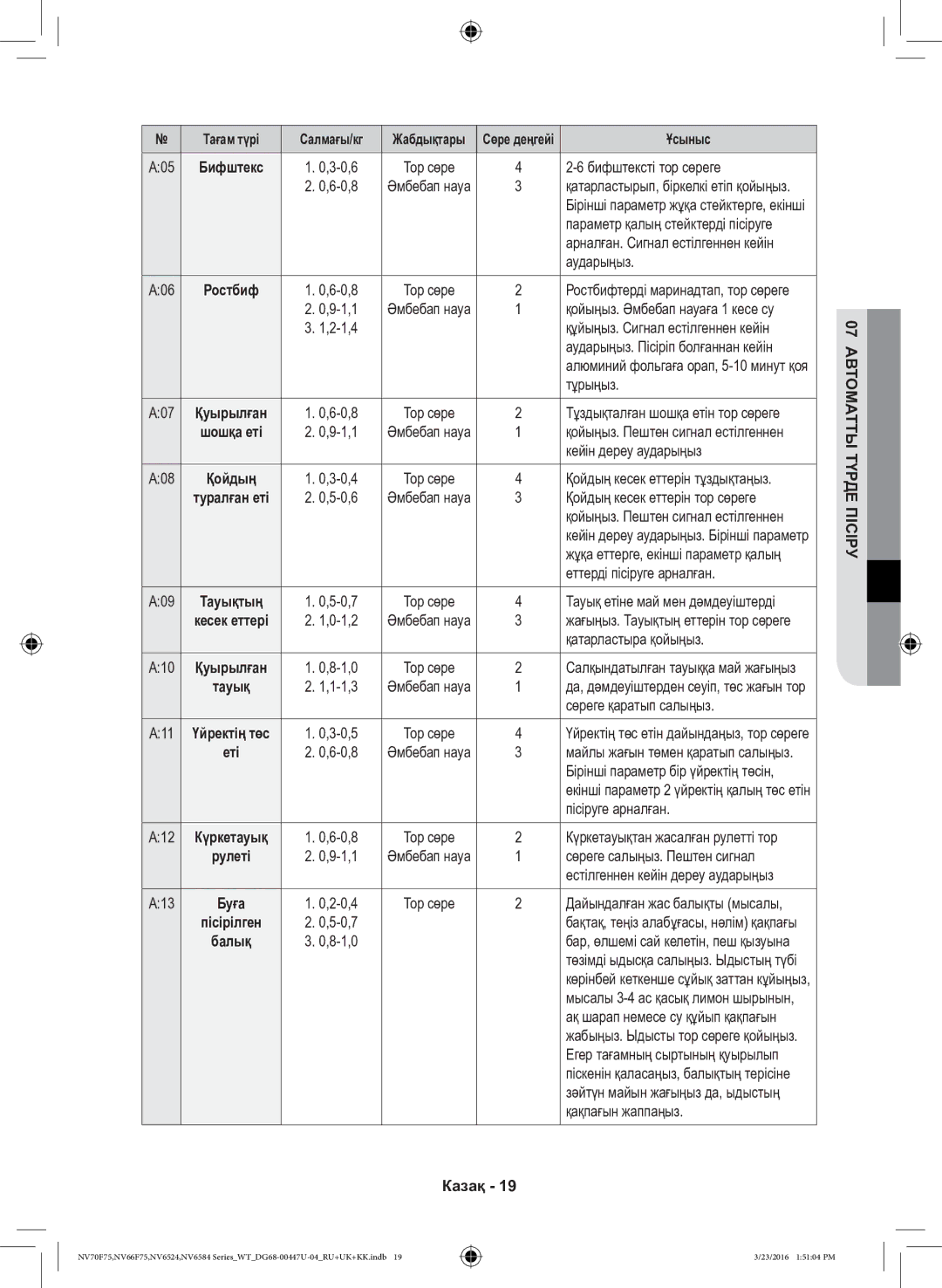 Samsung NV6584BNESR/WT, NV6584LNESR/WT manual 07 Автоматты Түрде Пісіру 