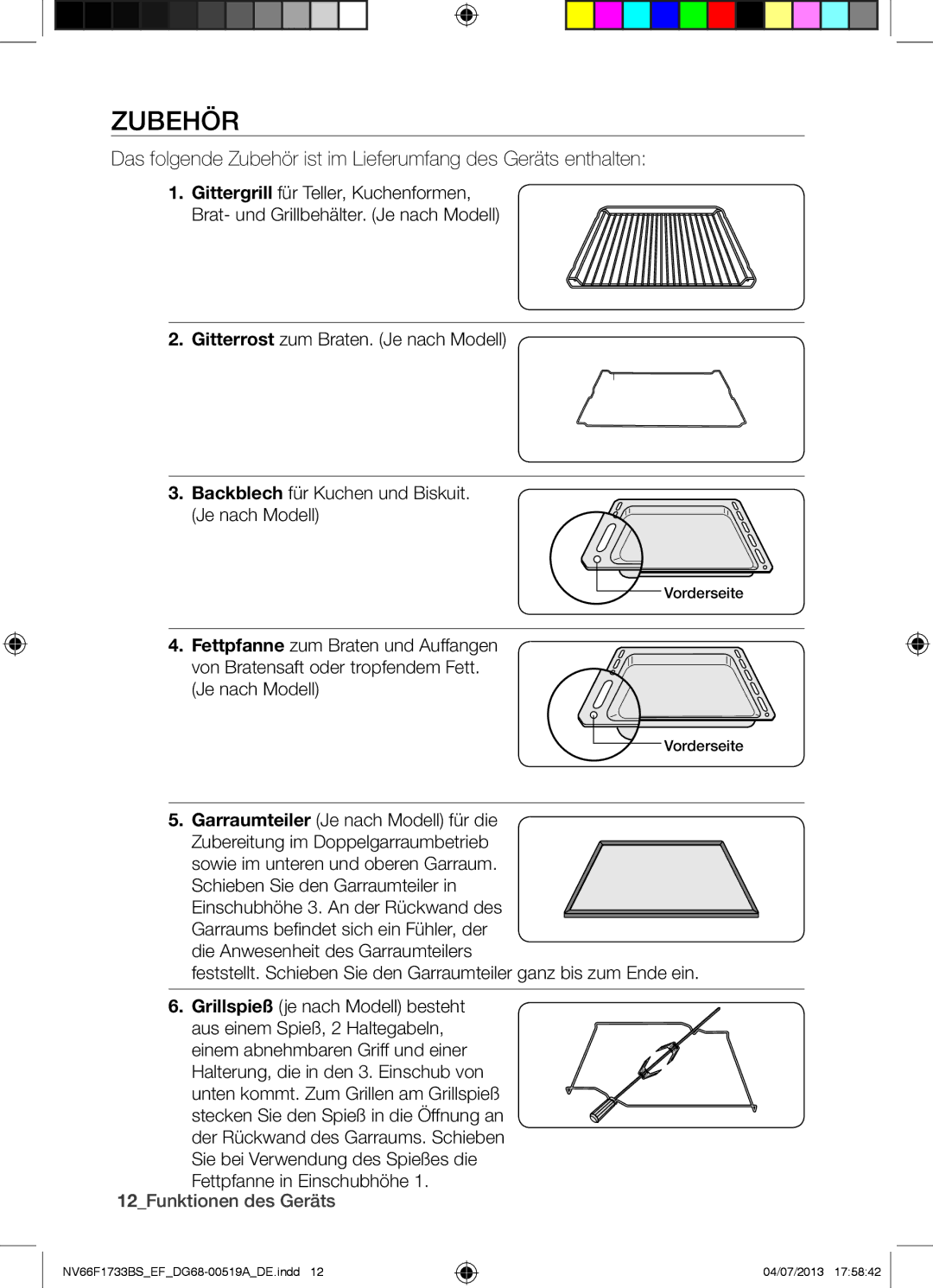 Samsung NV66F1733BS/EF manual Zubehör, 12Funktionen des Geräts 