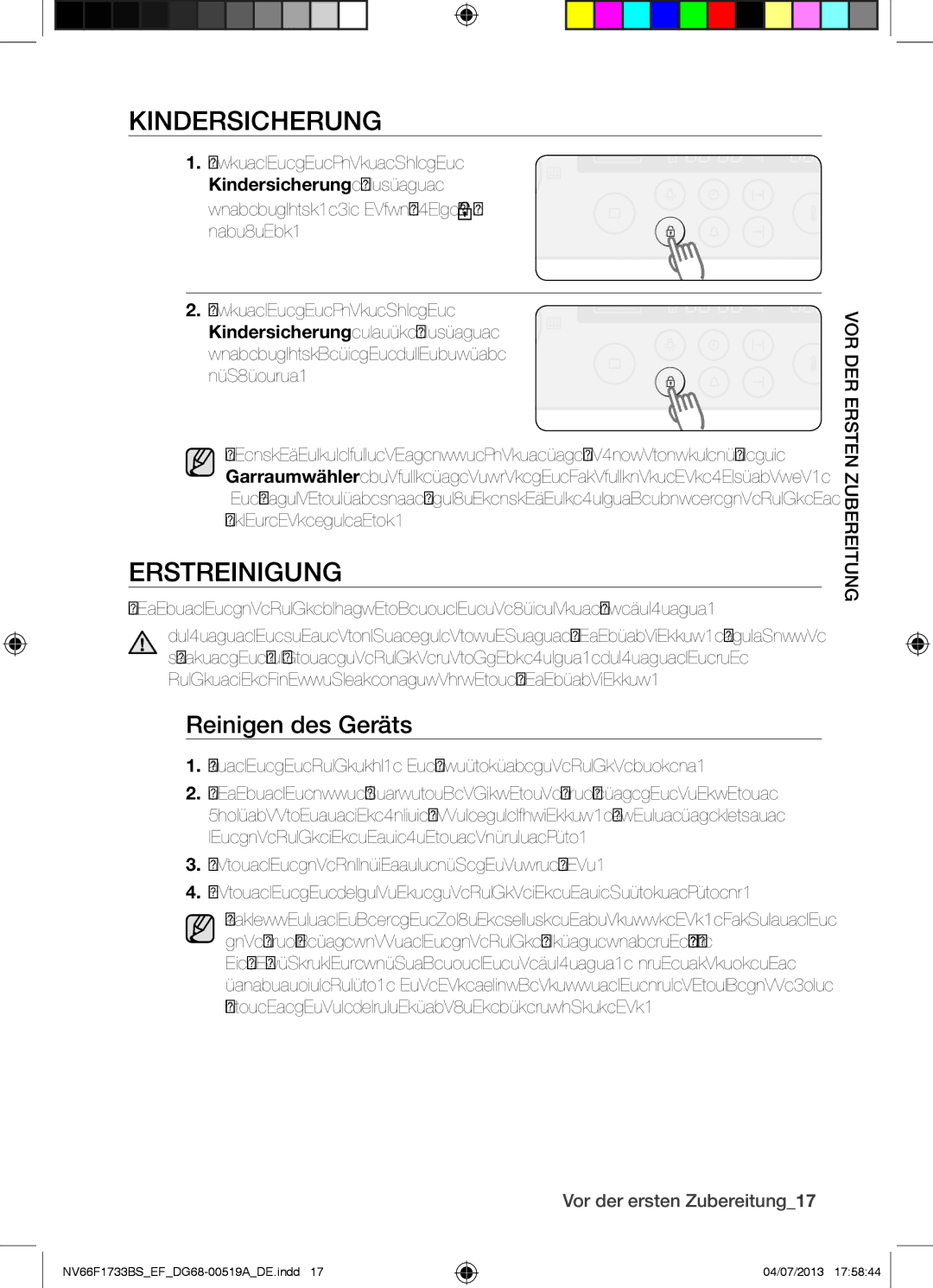 Samsung NV66F1733BS/EF manual Kindersicherung, Erstreinigung, Reinigen des Geräts, Vor der ersten Zubereitung17 