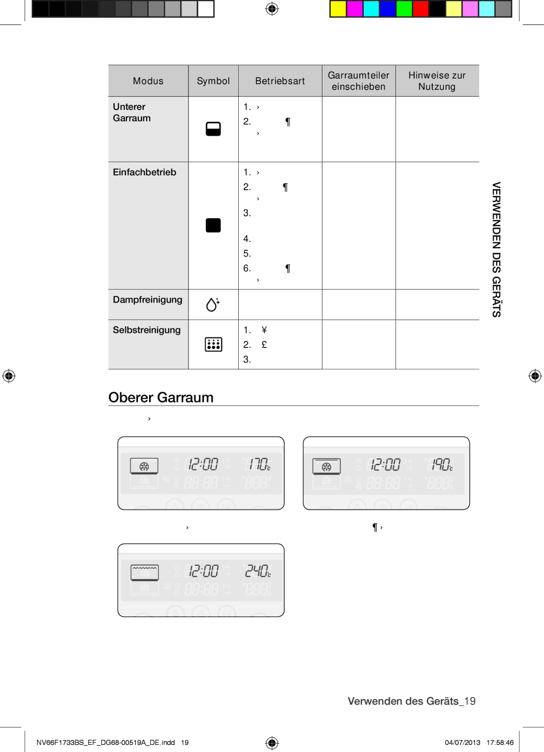 Samsung NV66F1733BS/EF manual Oberer Garraum, Gers d ne nd Verwe, Verwenden des Geräts19 