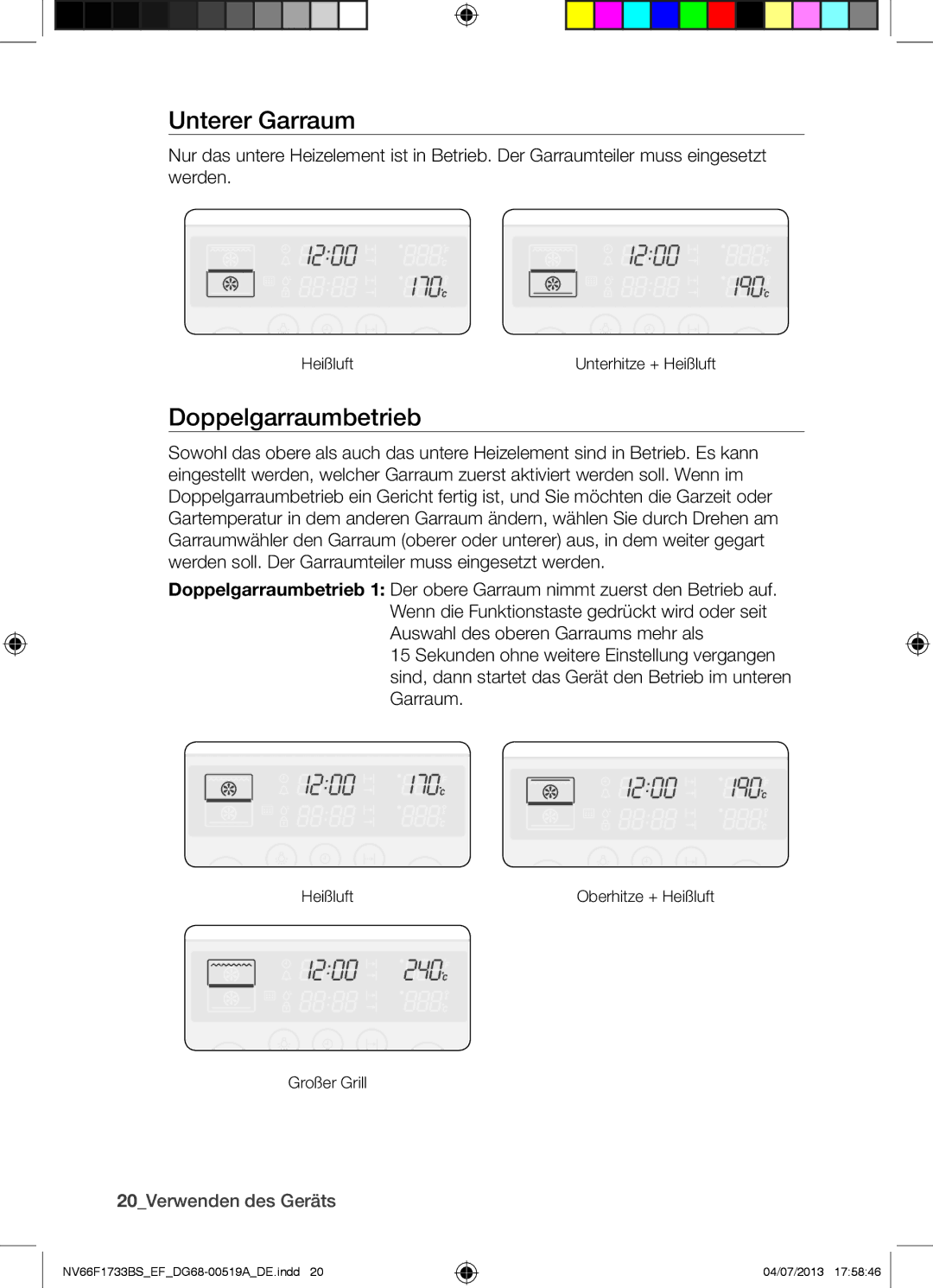 Samsung NV66F1733BS/EF manual Unterer Garraum, Doppelgarraumbetrieb, 20Verwenden des Geräts 