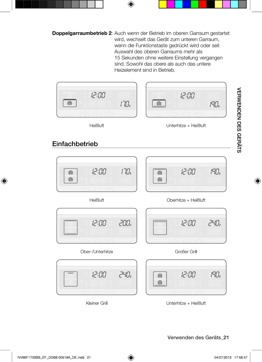 Samsung NV66F1733BS/EF manual Einfachbetrieb, Verwenden des Geräts21 