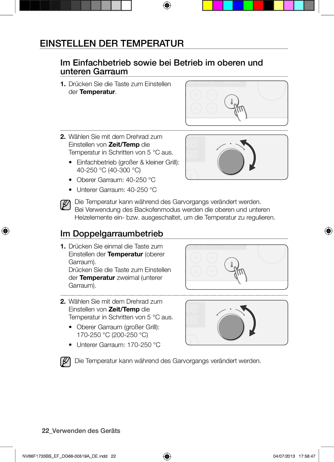 Samsung NV66F1733BS/EF manual Einstellen DER Temperatur, Im Doppelgarraumbetrieb, 22Verwenden des Geräts 