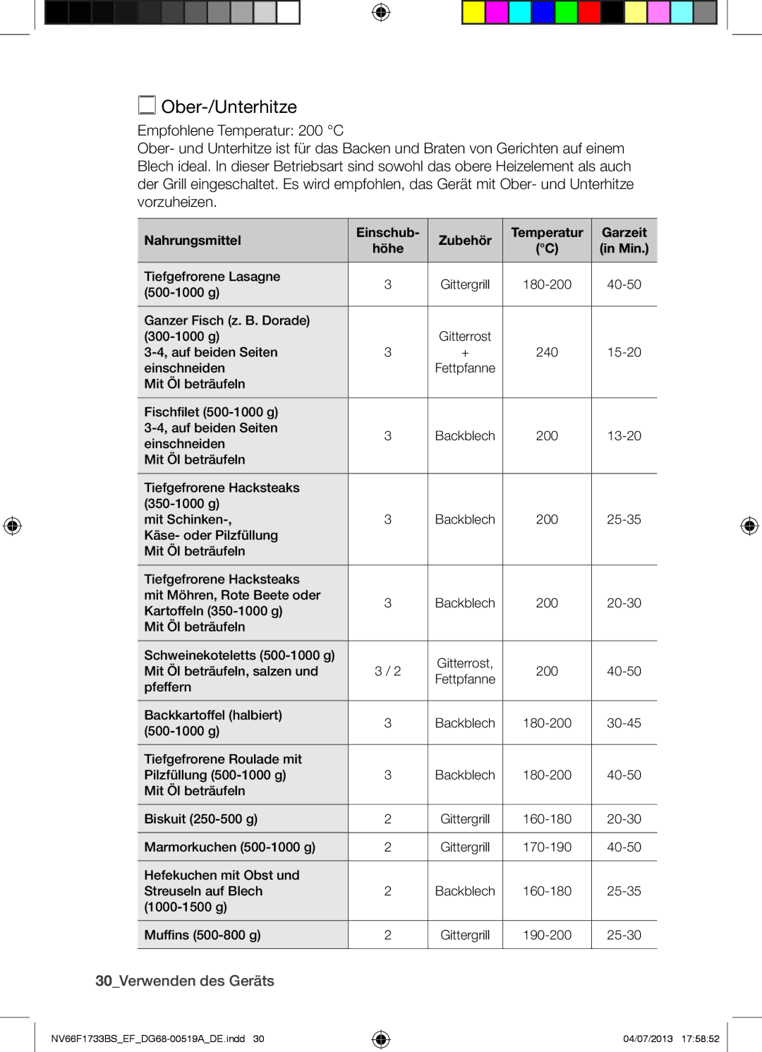 Samsung NV66F1733BS/EF manual Ober-/Unterhitze, 30Verwenden des Geräts, Nahrungsmittel Einschub Zubehör, Garzeit 