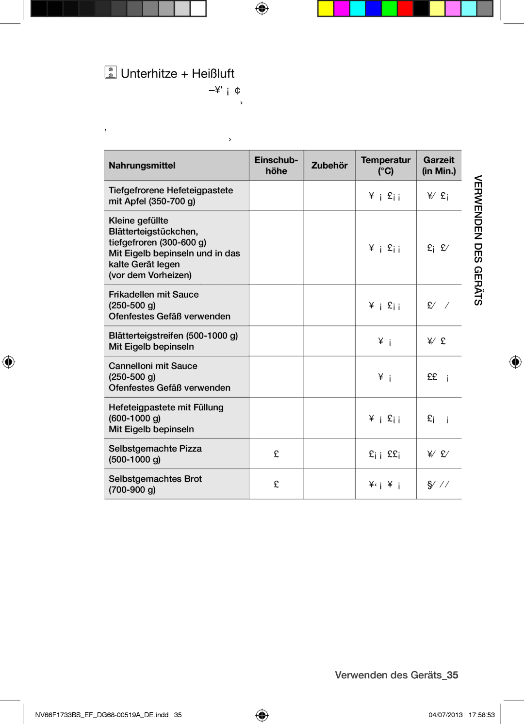 Samsung NV66F1733BS/EF manual Unterhitze + Heißluft, Verwenden des Geräts35 