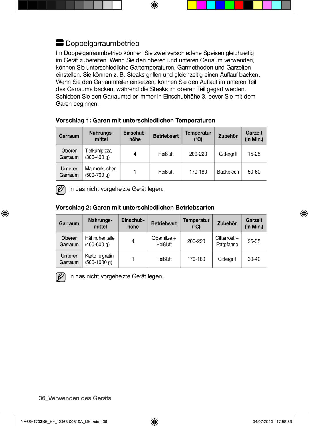 Samsung NV66F1733BS/EF Doppelgarraumbetrieb, Vorschlag 1 Garen mit unterschiedlichen Temperaturen, 36Verwenden des Geräts 