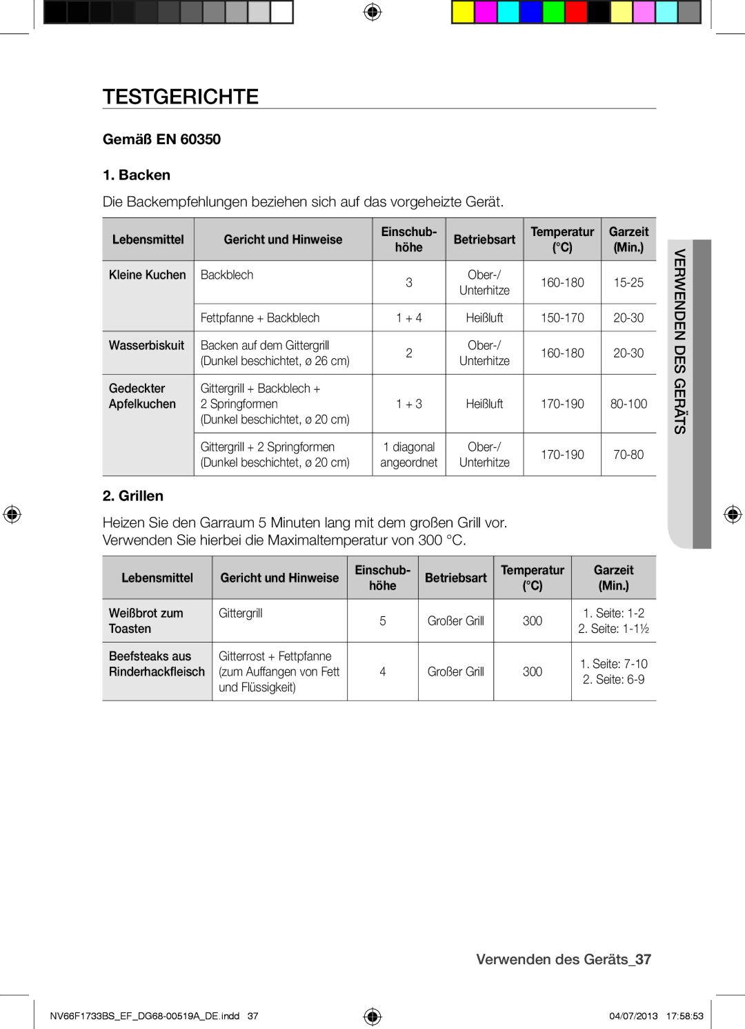 Samsung NV66F1733BS/EF manual Testgerichte, Gemäß EN Backen, Verwenden des Geräts37, Gericht und Hinweise, Lebensmittel 