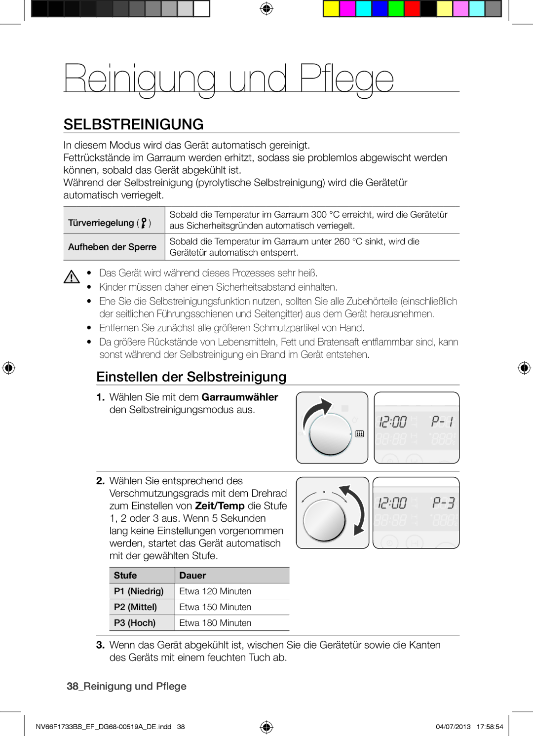 Samsung NV66F1733BS/EF manual Einstellen der Selbstreinigung, 38Reinigung und Pflege, Stufe Dauer 