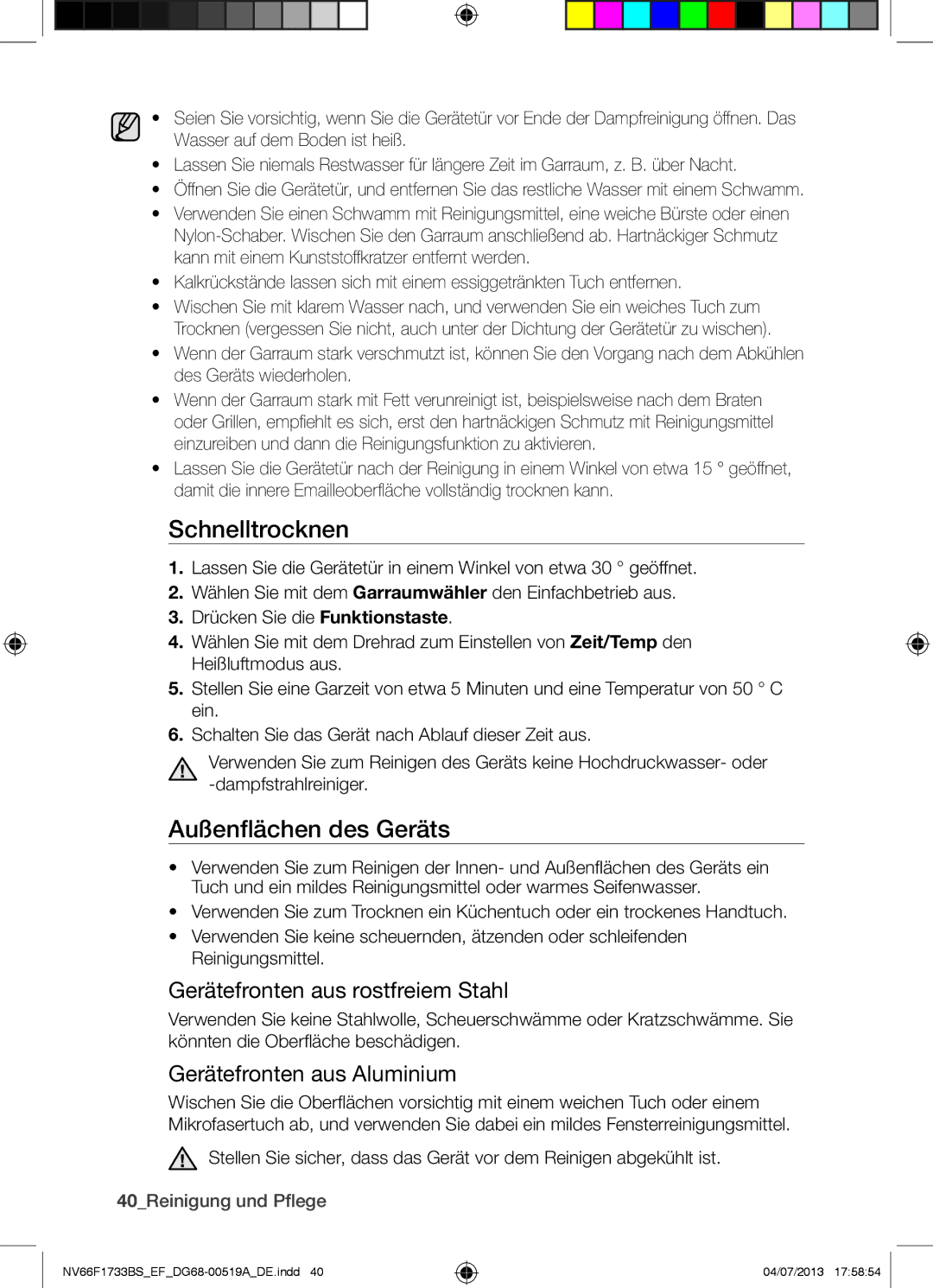 Samsung NV66F1733BS/EF manual Schnelltrocknen, Außenflächen des Geräts, Gerätefronten aus rostfreiem Stahl 