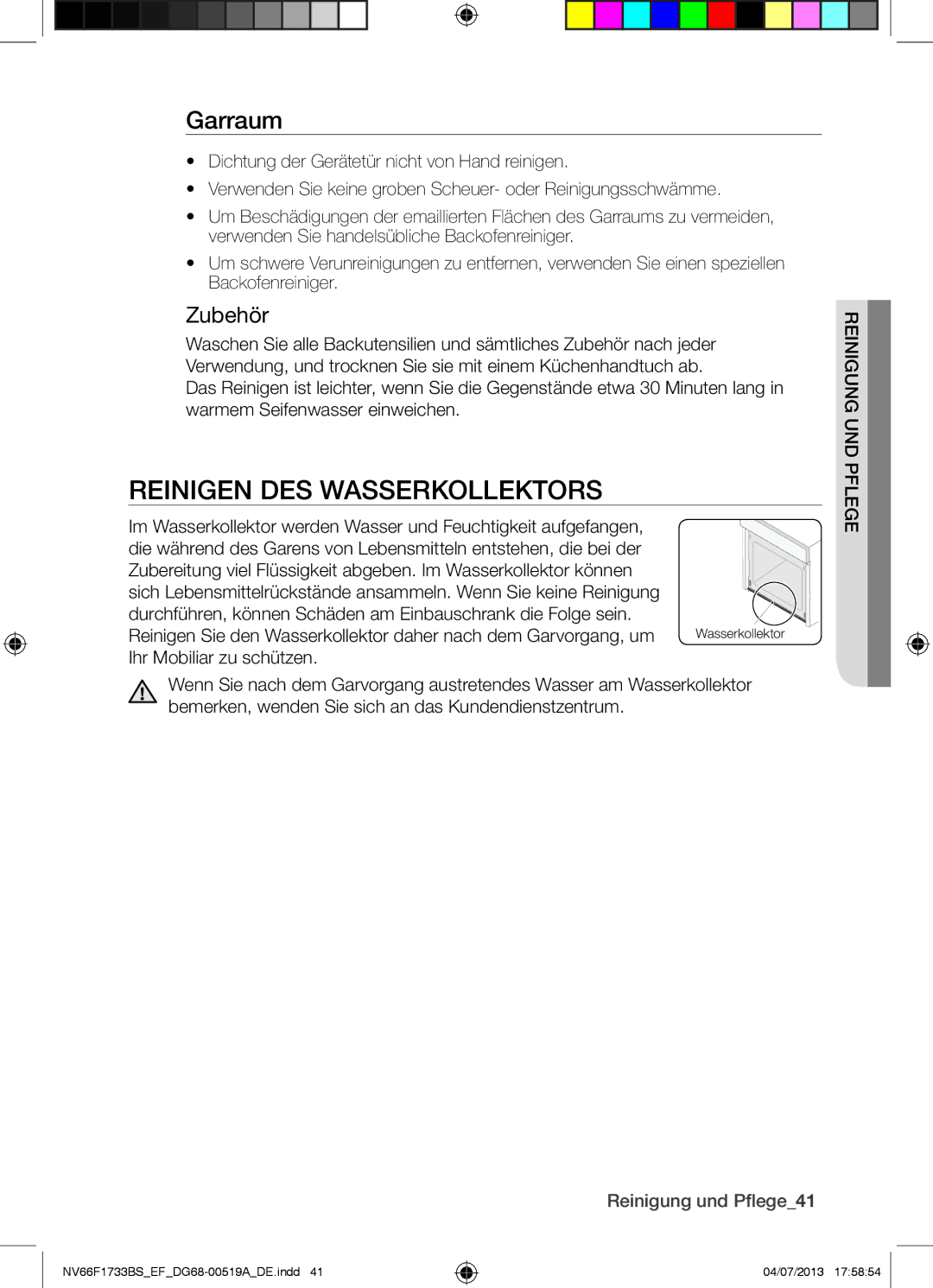 Samsung NV66F1733BS/EF Reinigen DES Wasserkollektors, Garraum, Zubehör, Ihr Mobiliar zu schützen, Reinigung und Pflege41 