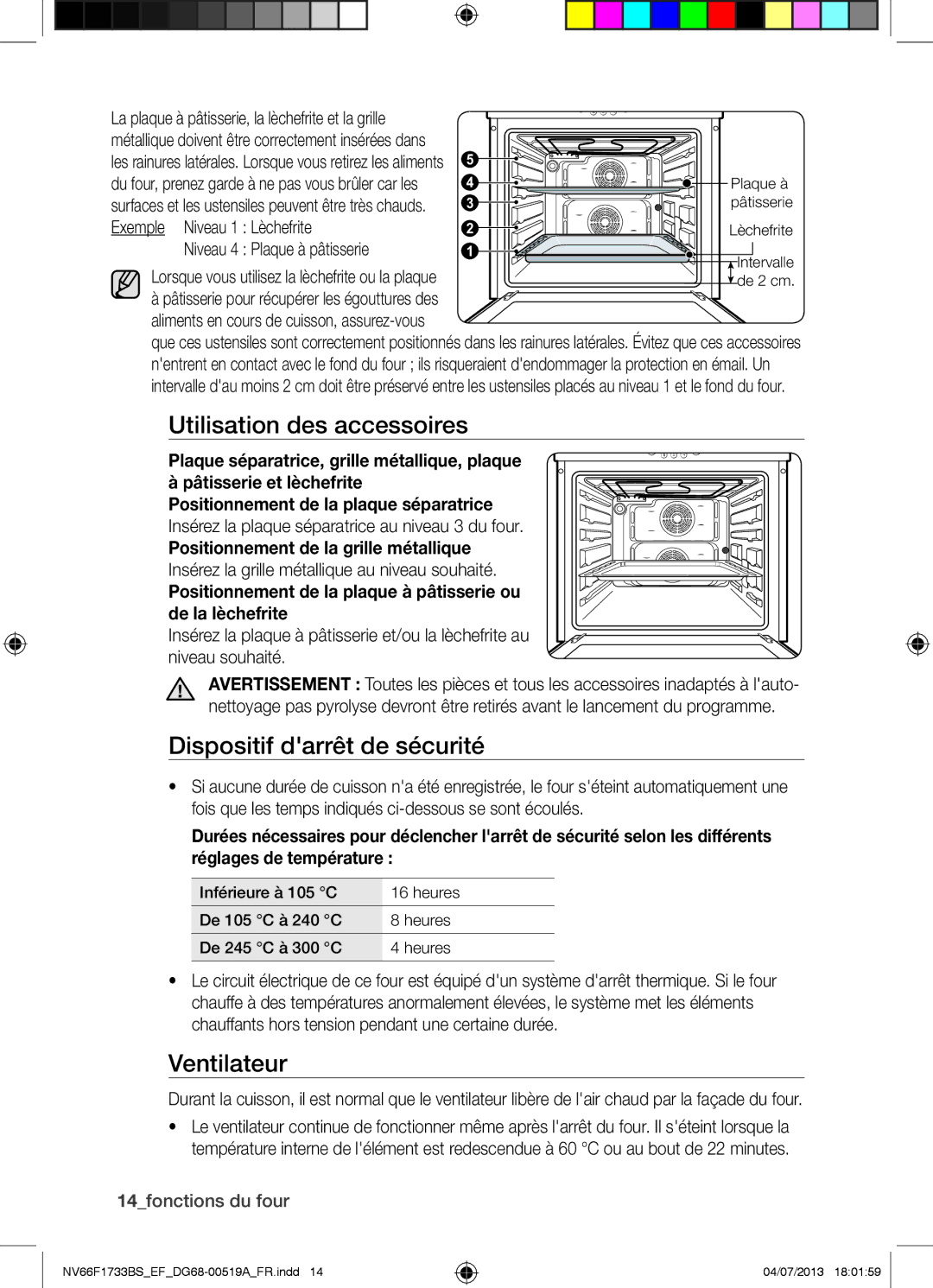 Samsung NV66F1733BS/EF manual Utilisation des accessoires, Dispositif darrêt de sécurité, Ventilateur, 14fonctions du four 