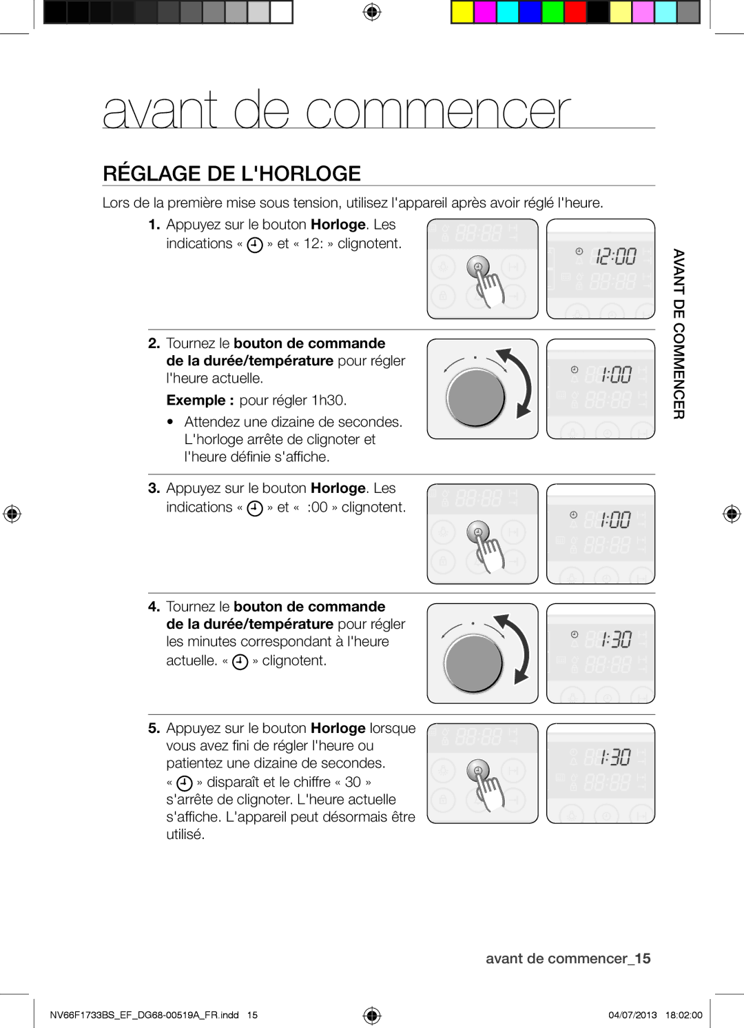 Samsung NV66F1733BS/EF manual Réglage DE Lhorloge, Avant de commencer15 