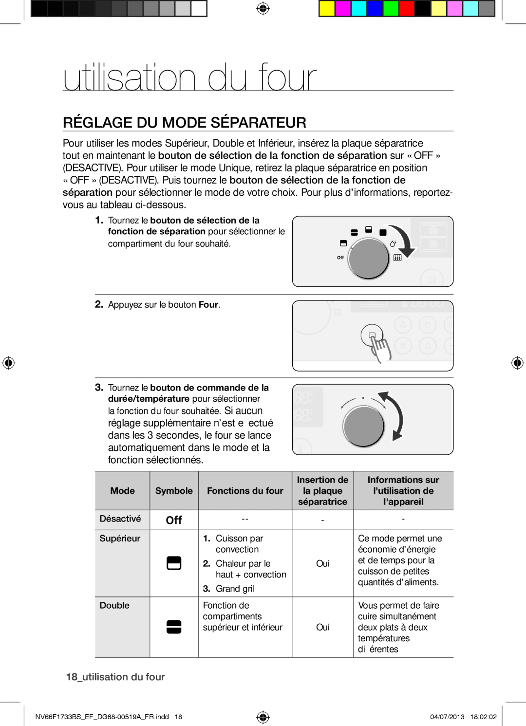 Samsung NV66F1733BS/EF manual Utilisation du four, Réglage DU Mode Séparateur, 18utilisation du four 