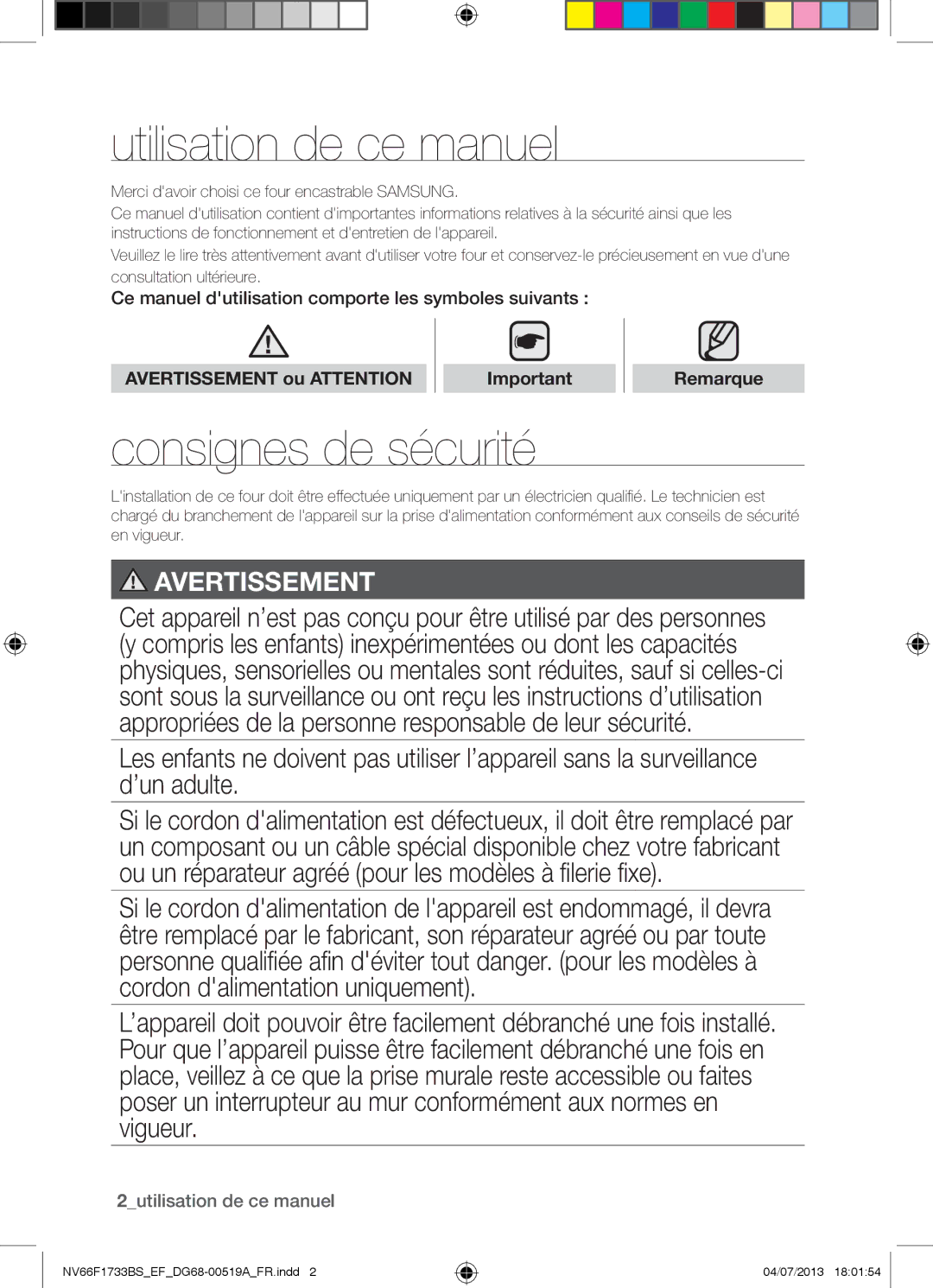 Samsung NV66F1733BS/EF manual Utilisation de ce manuel, Consignes de sécurité, Avertissement ou Attention Remarque 