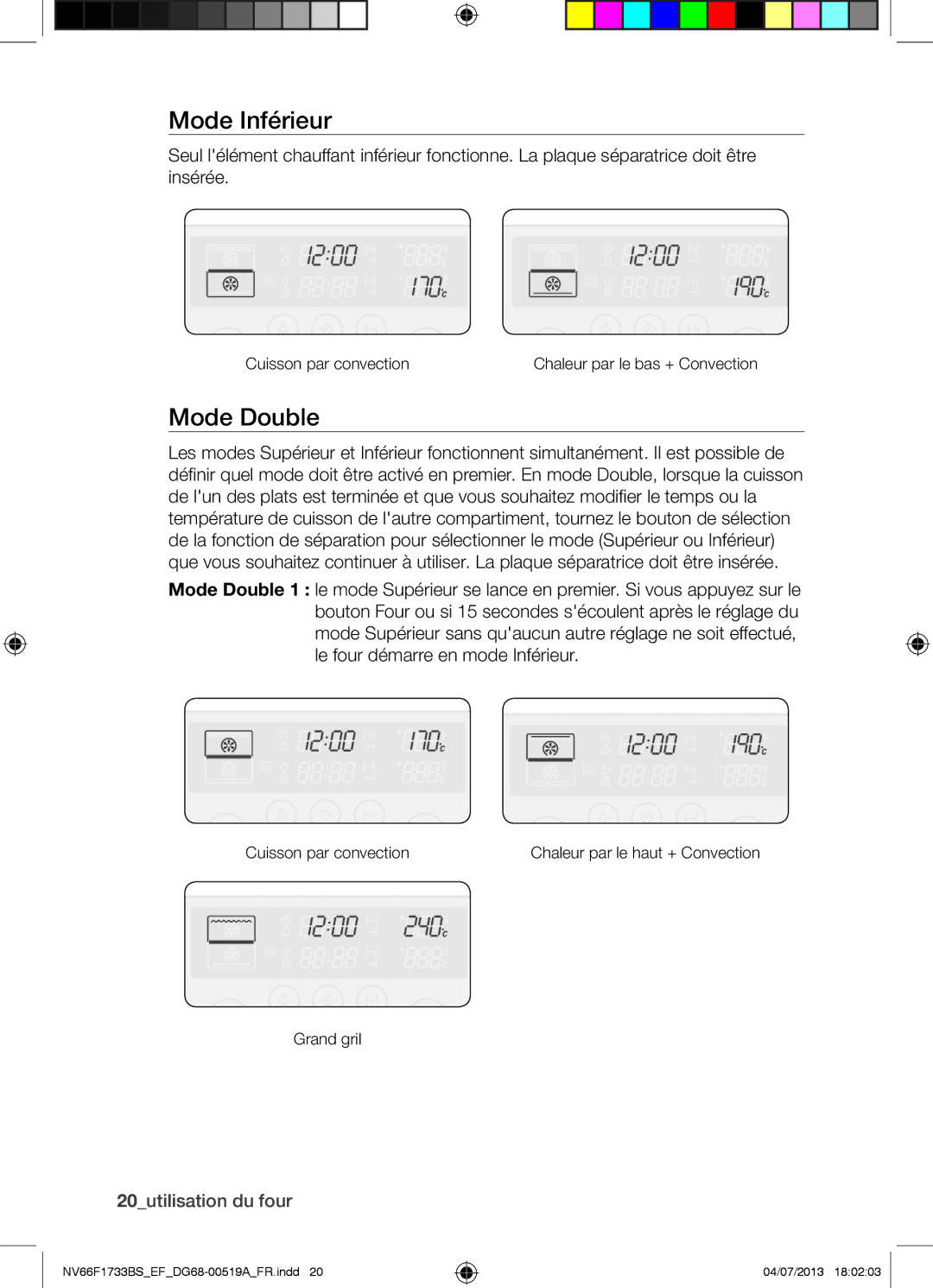 Samsung NV66F1733BS/EF manual Mode Inférieur, Mode Double, 20utilisation du four 