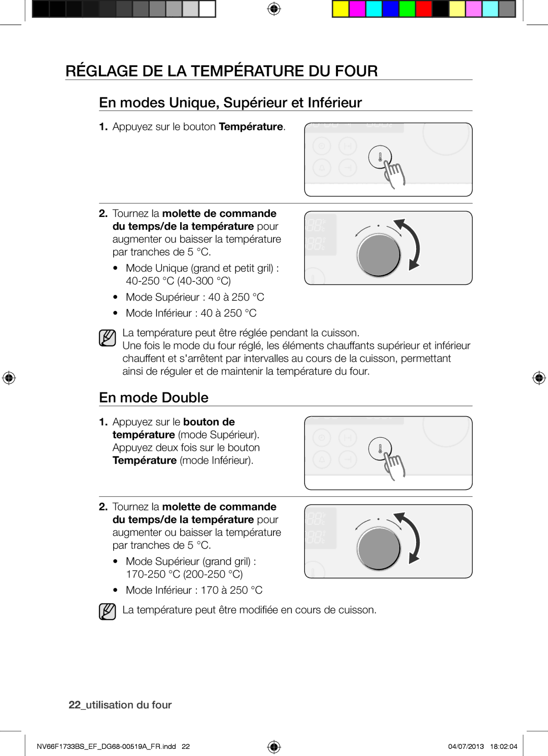 Samsung NV66F1733BS/EF manual Réglage DE LA Température DU Four, En modes Unique, Supérieur et Inférieur, En mode Double 