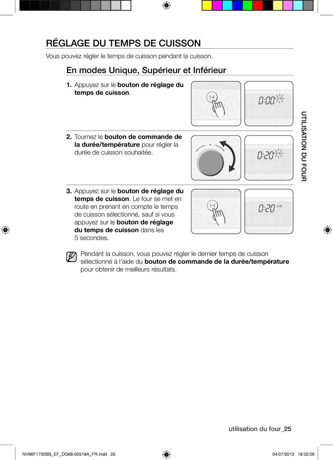 Samsung NV66F1733BS/EF manual Réglage DU Temps DE Cuisson, Vous pouvez régler le temps de cuisson pendant la cuisson 