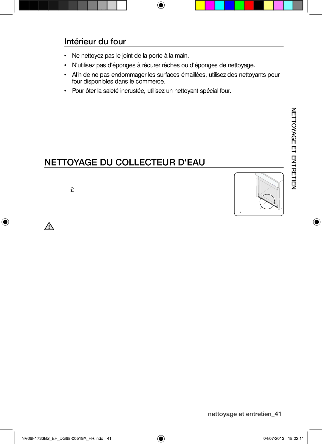 Samsung NV66F1733BS/EF manual Nettoyage DU Collecteur Deau, Intérieur du four, Accessoires, Nettoyage et entretien41 