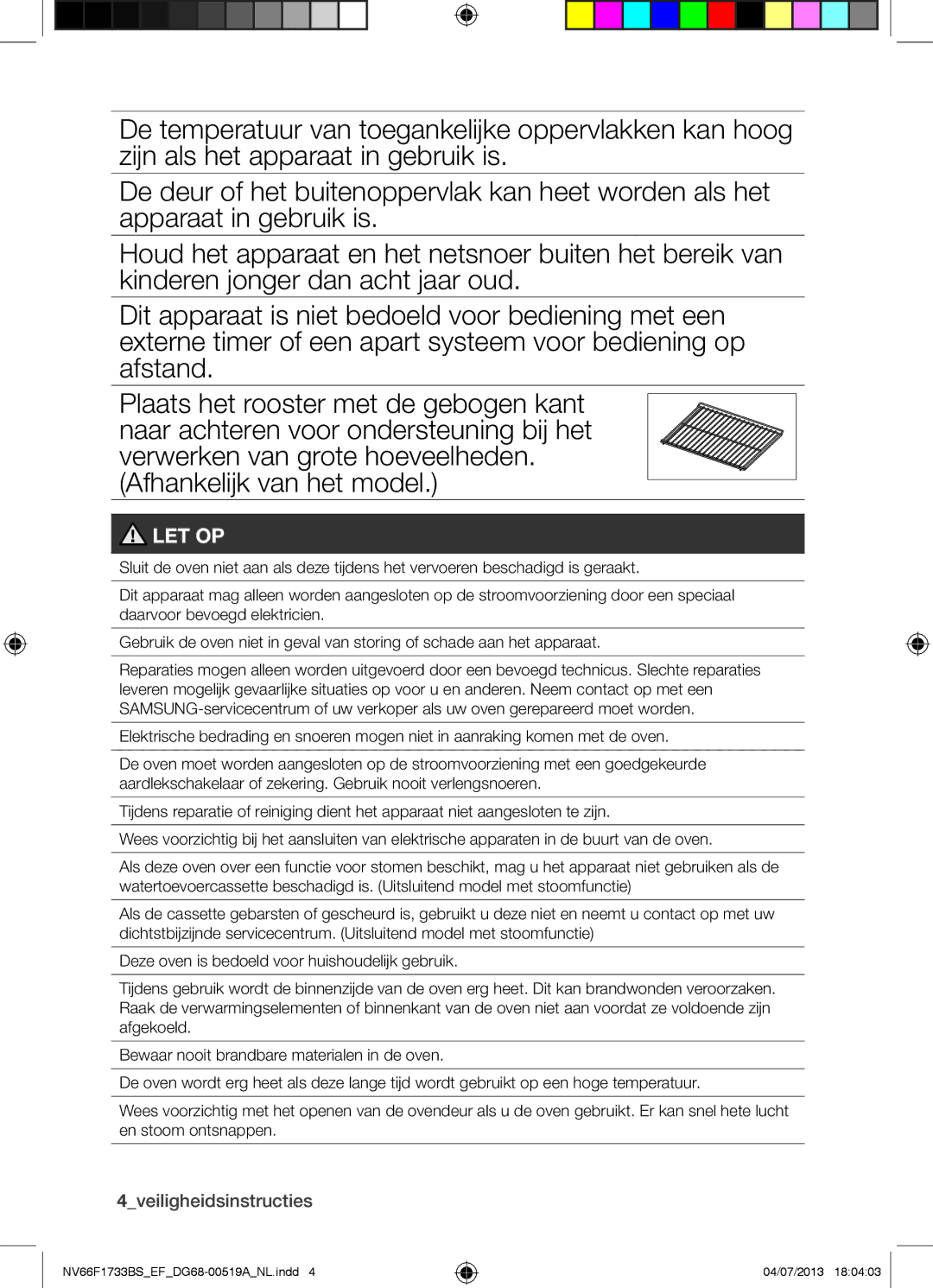 Samsung NV66F1733BS/EF manual Let Op, 4veiligheidsinstructies 