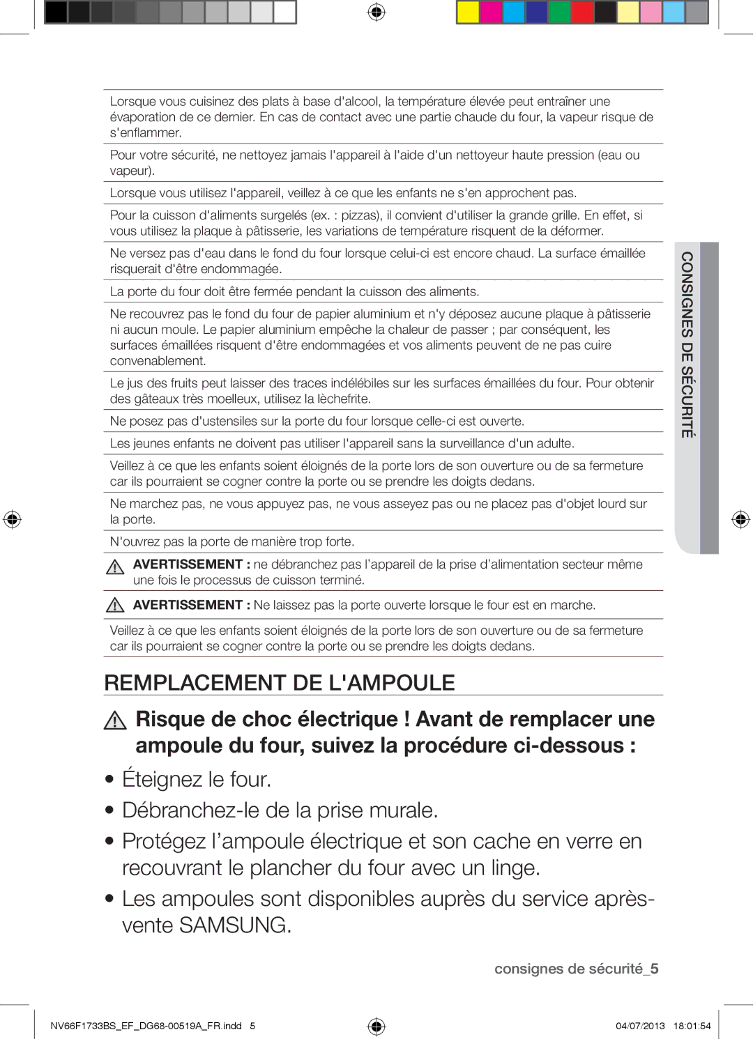 Samsung NV66F1733BS/EF manual Remplacement DE Lampoule, Consignes de sécurité5 