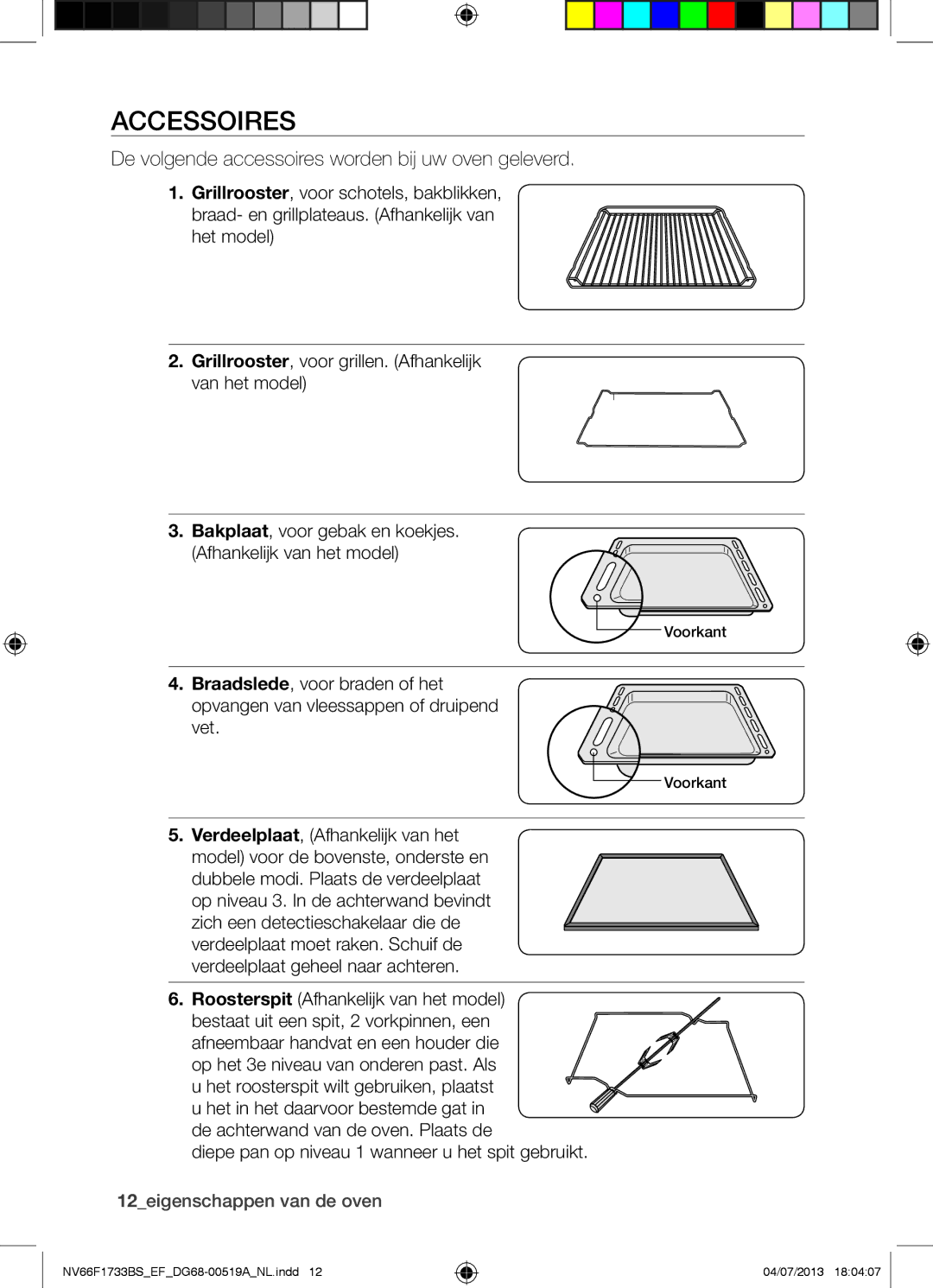 Samsung NV66F1733BS/EF manual De volgende accessoires worden bij uw oven geleverd 