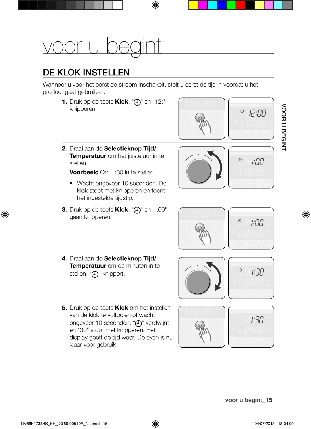 Samsung NV66F1733BS/EF manual DE Klok Instellen, Voor u begint15 