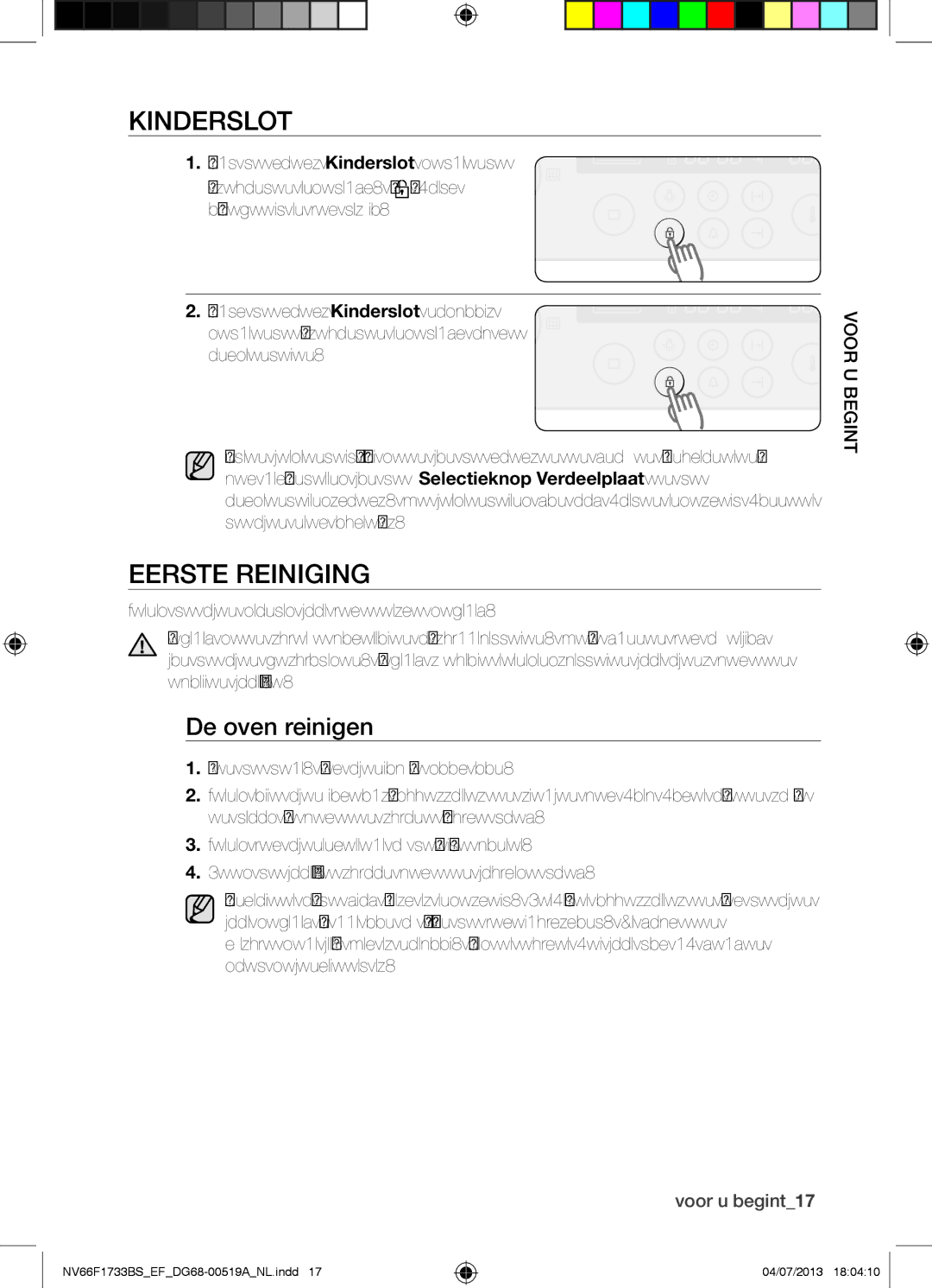 Samsung NV66F1733BS/EF manual Kinderslot, Eerste Reiniging, De oven reinigen, Voor u begint17 