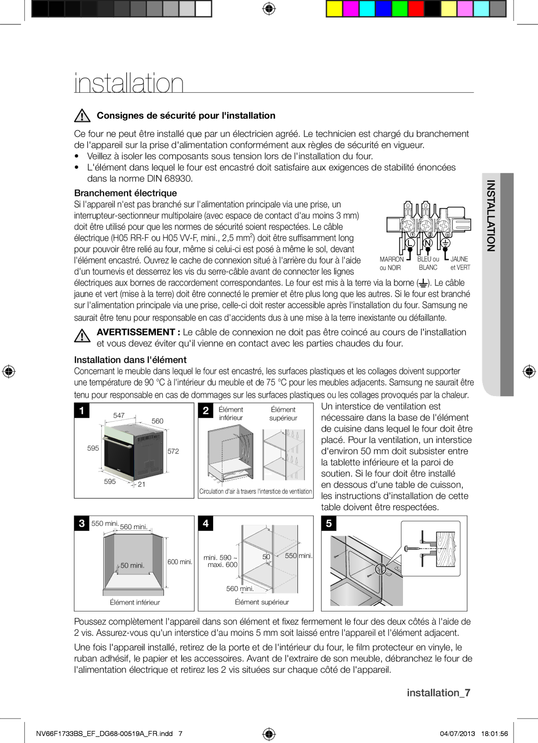 Samsung NV66F1733BS/EF manual Ins tallation, Installation7, Consignes de sécurité pour linstallation 