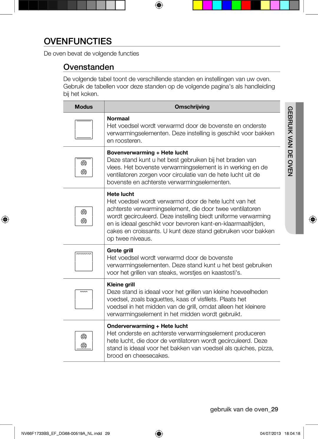 Samsung NV66F1733BS/EF manual Ovenfuncties, Ovenstanden, De oven bevat de volgende functies, Gebruik van de oven29 