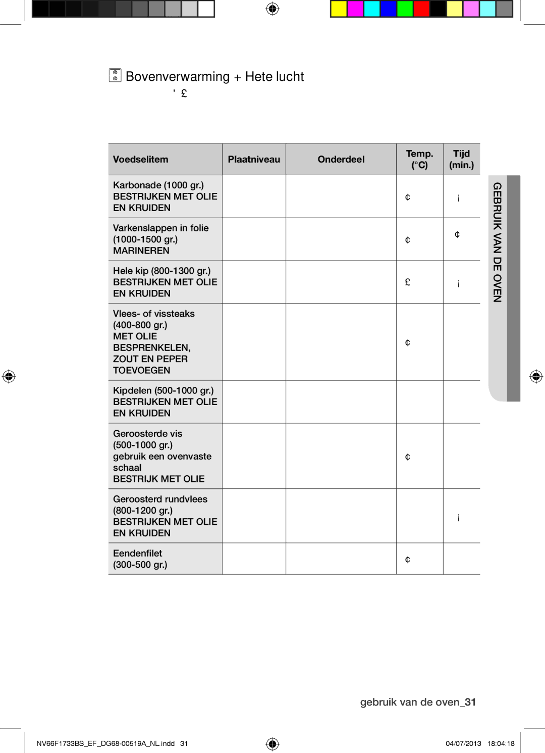 Samsung NV66F1733BS/EF manual Bovenverwarming + Hete lucht, Gebruik van de oven31 