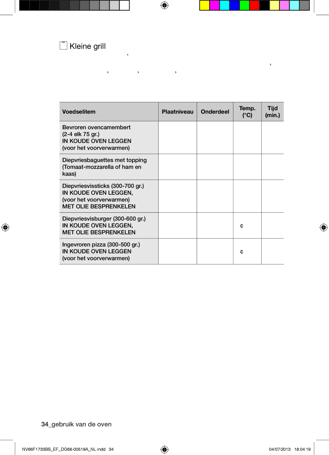 Samsung NV66F1733BS/EF manual Kleine grill, 34gebruik van de oven 