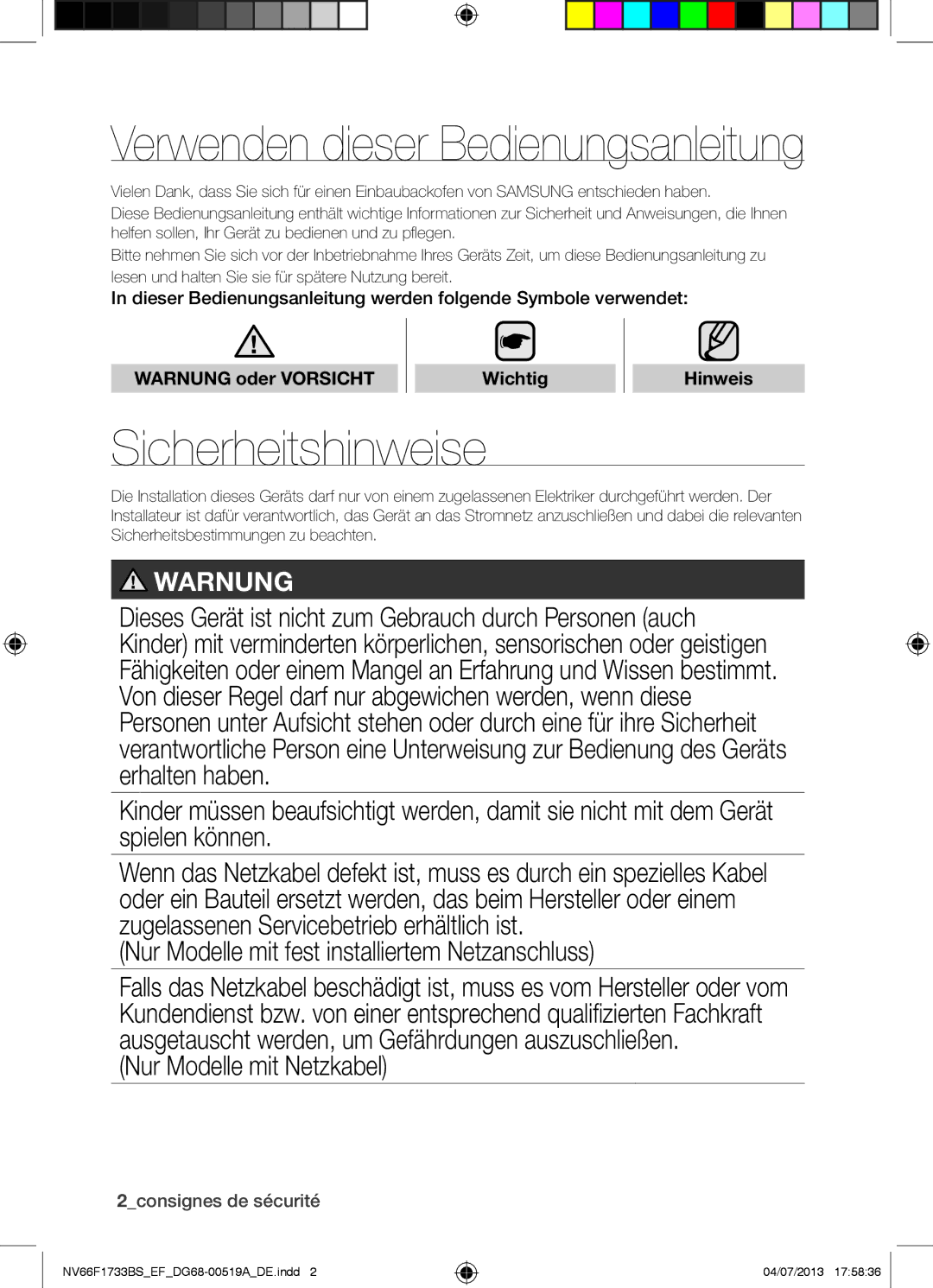 Samsung NV66F1733BS/EF manual Sicherheitshinweise, Warnung oder Vorsicht Wichtig Hinweis, 2consignes de sécurité 