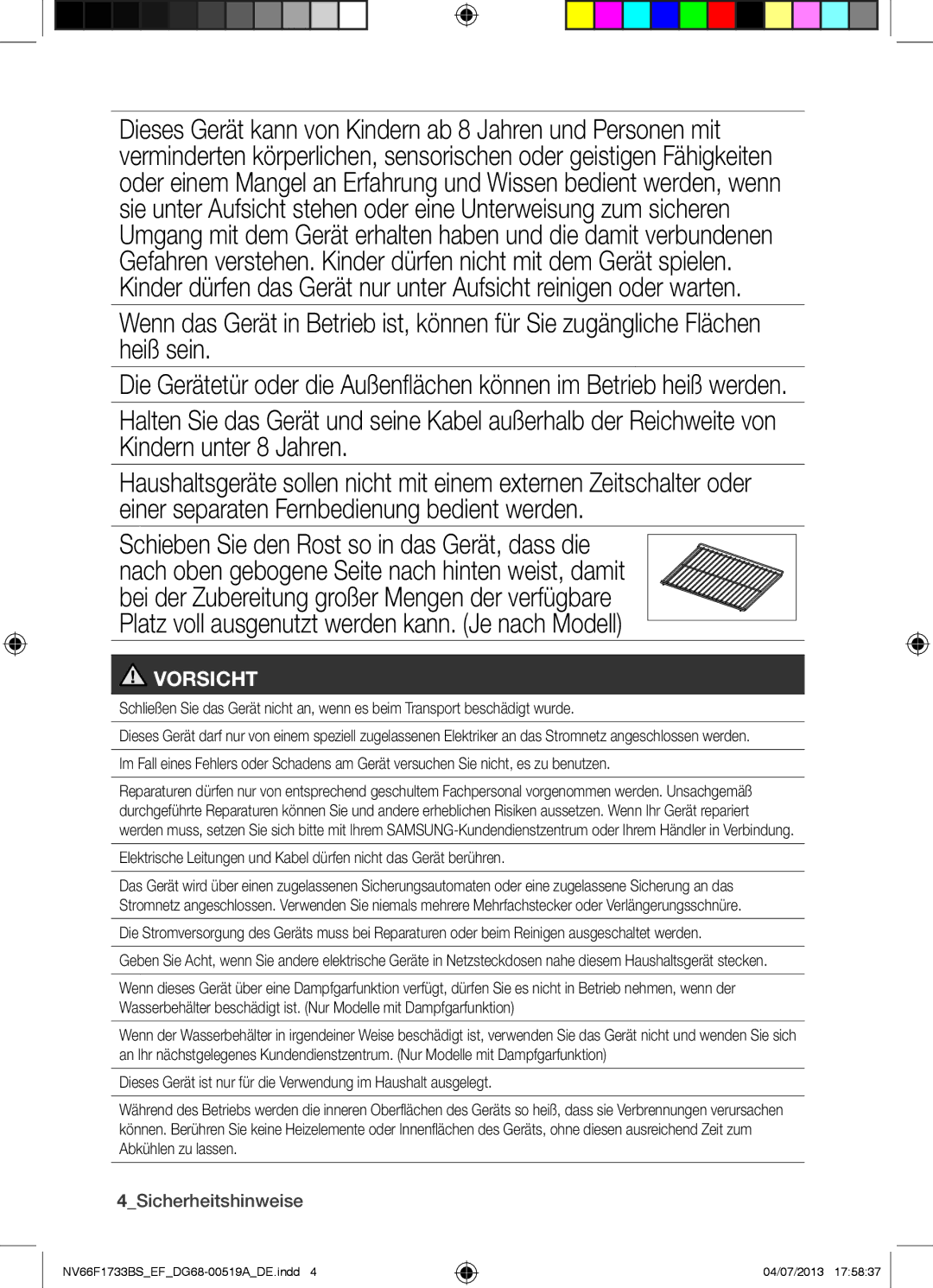 Samsung NV66F1733BS/EF manual Vorsicht, 4Sicherheitshinweise 