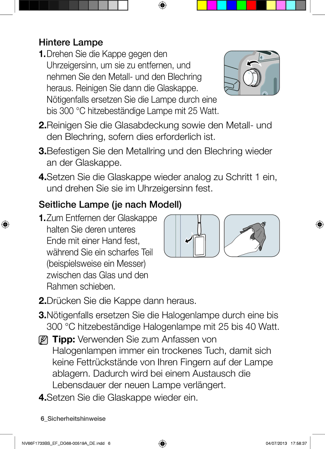 Samsung NV66F1733BS/EF manual Hintere Lampe, 6Sicherheitshinweise 