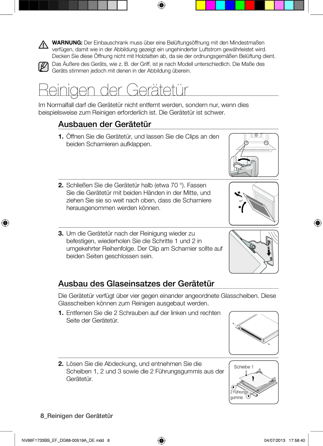 Samsung NV66F1733BS/EF manual Reinigen der Gerätetür, Ausbauen der Gerätetür, Ausbau des Glaseinsatzes der Gerätetür 