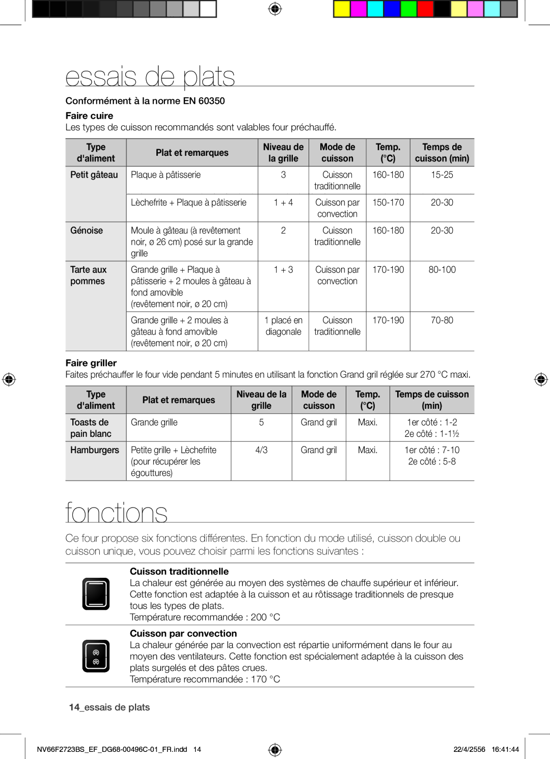 Samsung NV66F2723BS/EF manual Essais de plats, Fonctions 