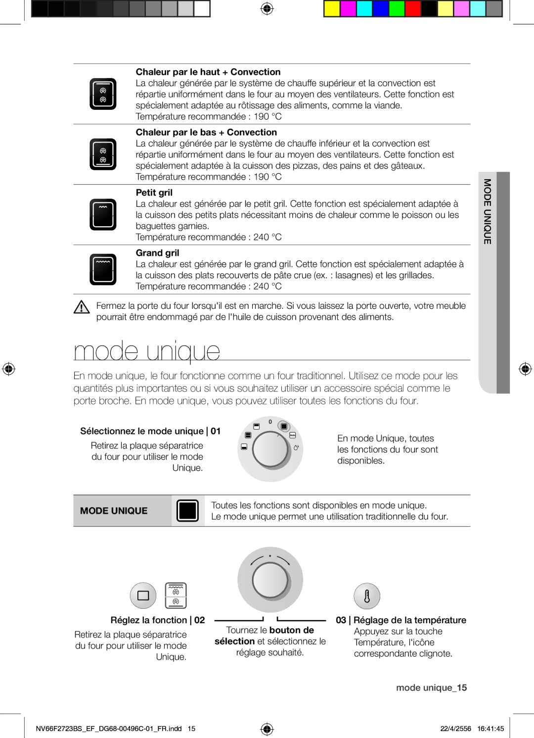 Samsung NV66F2723BS/EF manual Mode unique, Mode Unique 