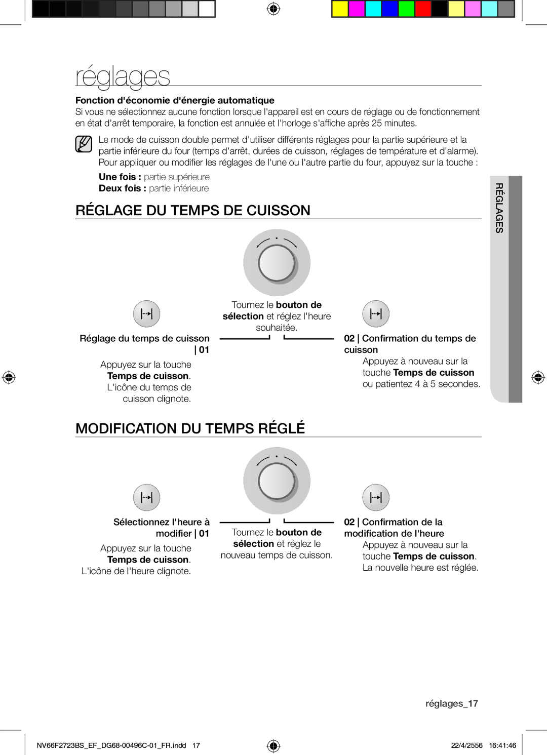 Samsung NV66F2723BS/EF manual Réglages, Réglage DU Temps DE Cuisson, Modification DU Temps Réglé, Temps de cuisson 