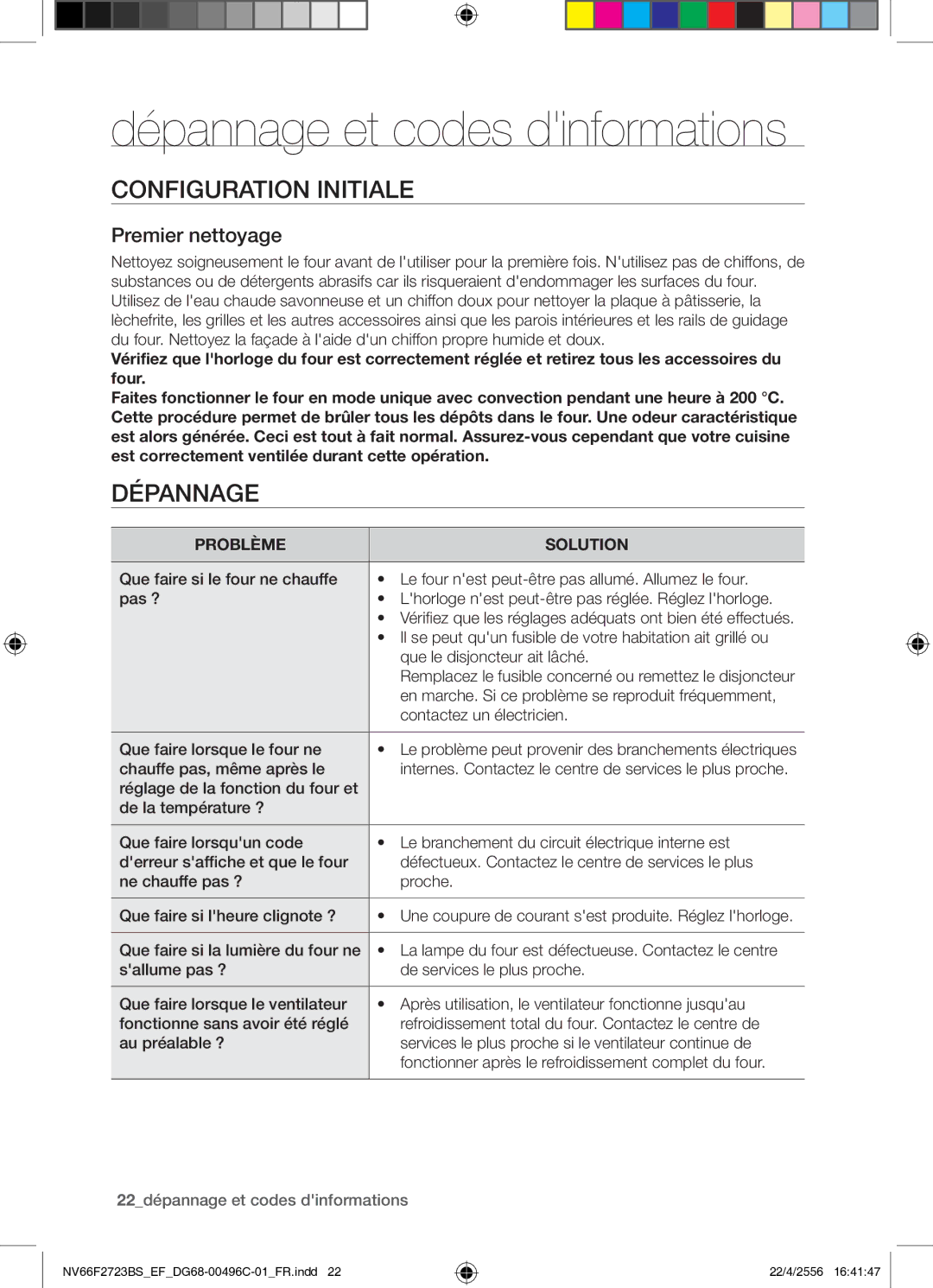 Samsung NV66F2723BS/EF manual Dépannage et codes dinformations, Configuration Initiale, Problème Solution 