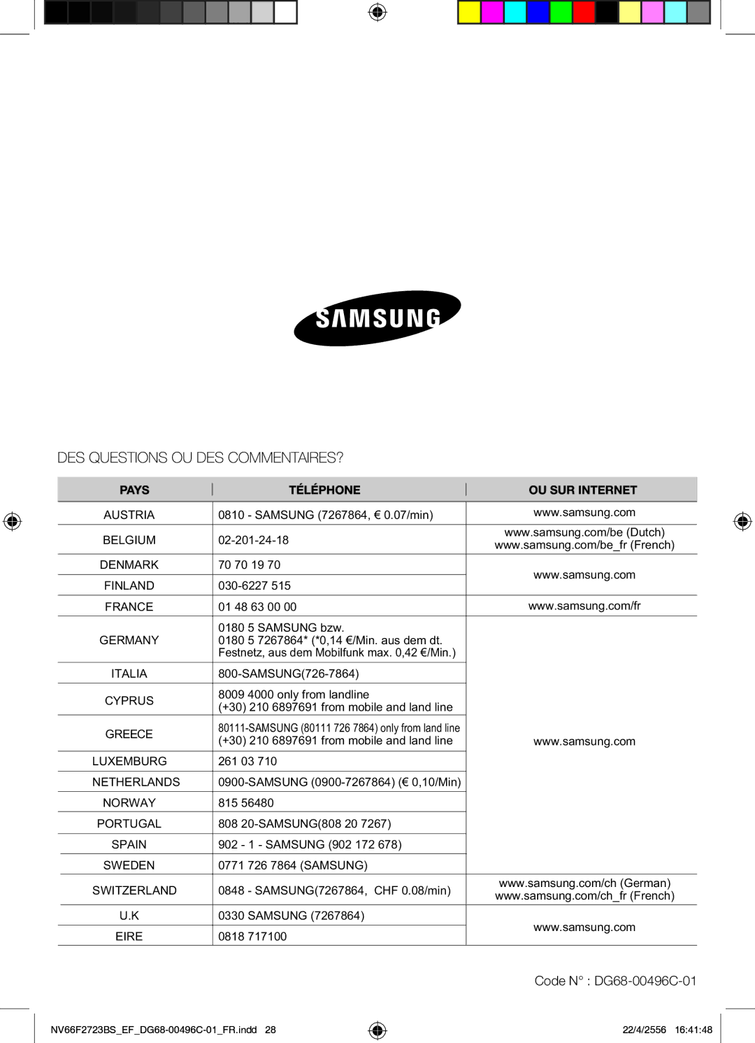 Samsung NV66F2723BS/EF manual Code N DG68-00496C-01 