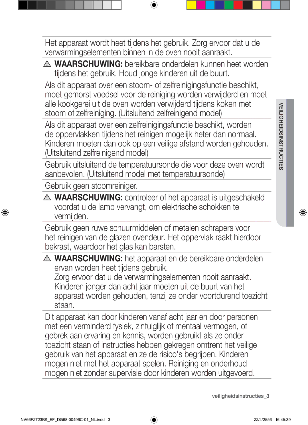 Samsung NV66F2723BS/EF manual Veiligheidsinstructies3, Sidstructies veilighei 