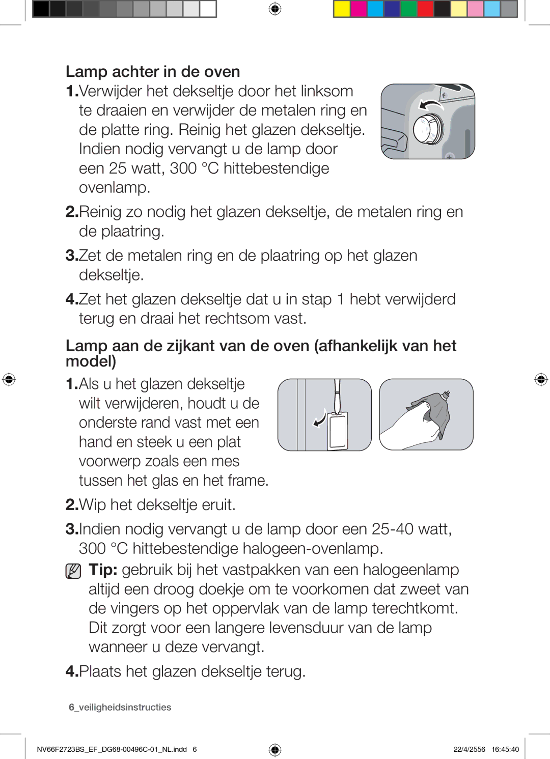 Samsung NV66F2723BS/EF manual Lamp achter in de oven, 6veiligheidsinstructies 