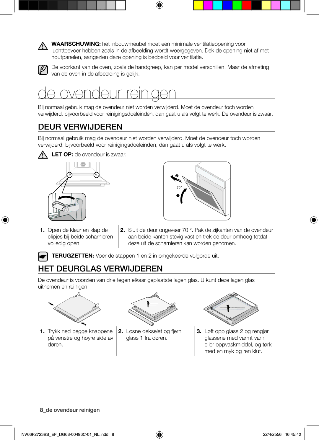 Samsung NV66F2723BS/EF manual De ovendeur reinigen, Deur Verwijderen, HET Deurglas Verwijderen, 8de ovendeur reinigen 