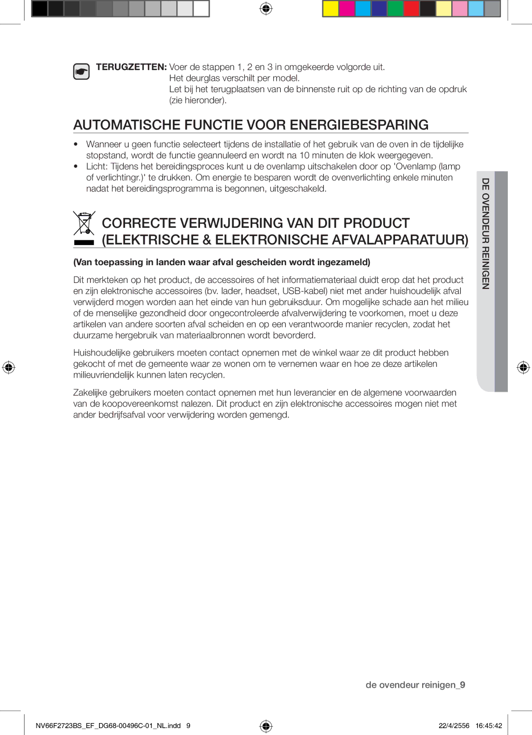 Samsung NV66F2723BS/EF manual Automatische Functie Voor Energiebesparing, De ovendeur reinigen9, Eurendreioved 