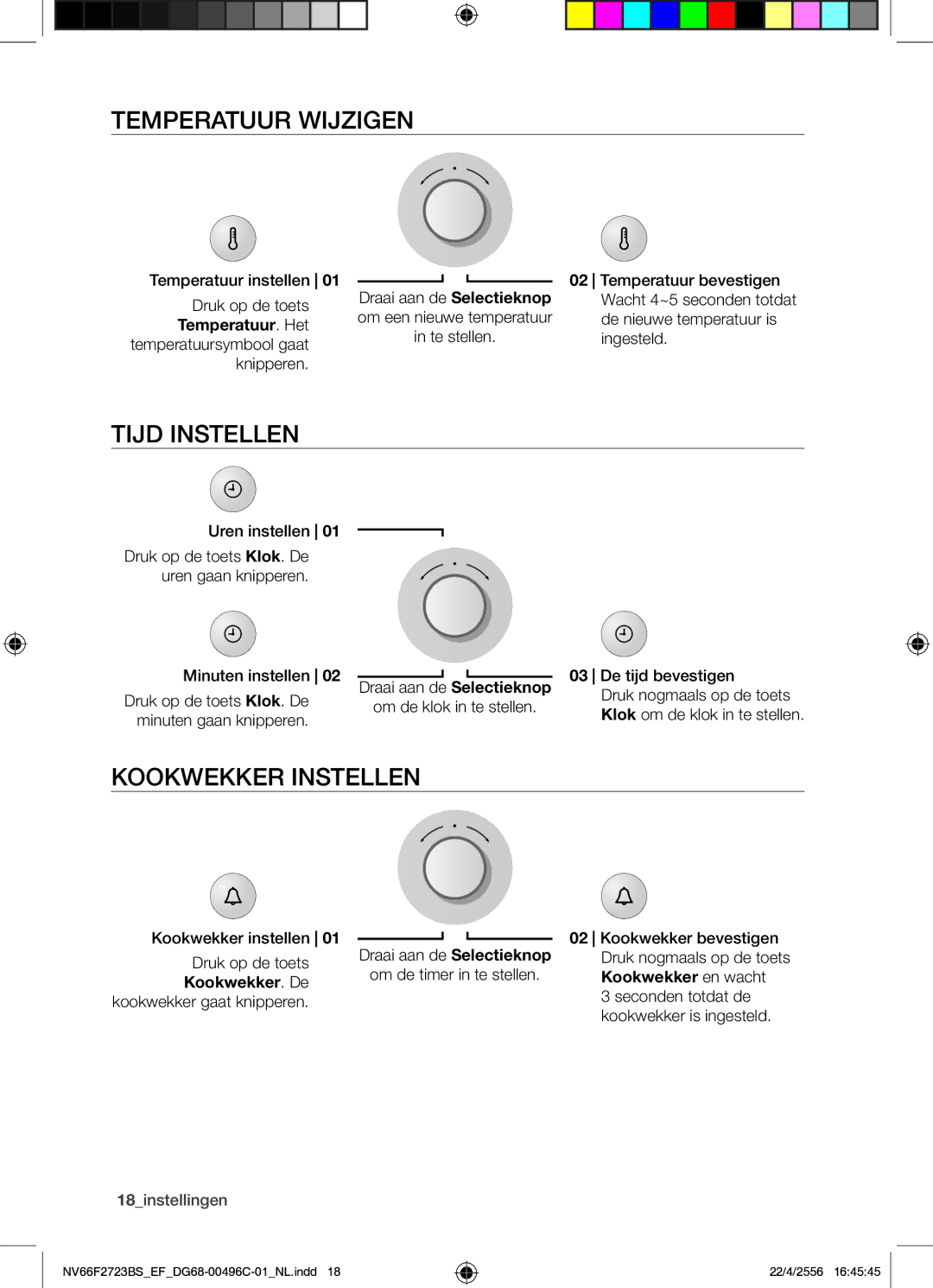 Samsung NV66F2723BS/EF manual Temperatuur Wijzigen, Tijd Instellen, Kookwekker Instellen, Temperatuur. Het, 18instellingen 