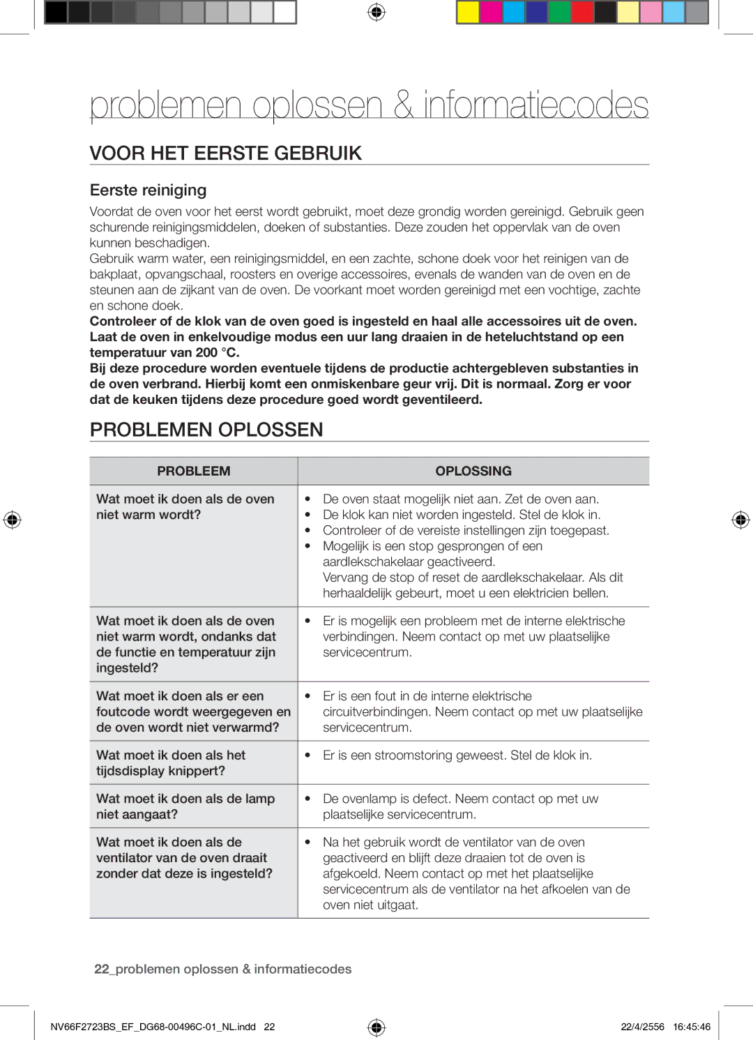 Samsung NV66F2723BS/EF manual Voor HET Eerste Gebruik, Problemen Oplossen, Probleem Oplossing 